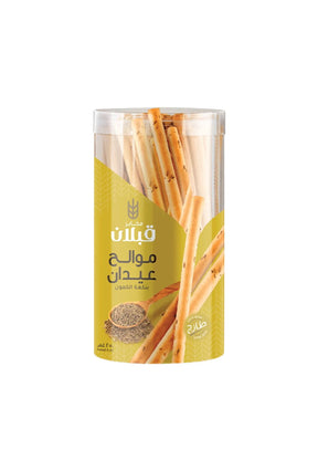 Qabalan salty sticks with cumin in 250g package, featuring crispy breadsticks with visible cumin seeds for snack enjoyment.