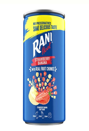 RANI Strawberry and Banana Drink in a 240ml bottle, showing the colorful label and fresh fruit visuals.
