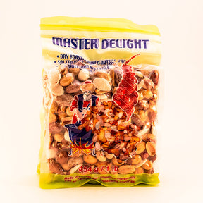 Dry roasted mixed nuts and seeds in a 1lb package by Master Delight, featuring almonds, cashews, and sunflower seeds.