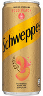 Schweppes Peach Malt Drink in a 300ml cold drink bottle, featuring a peach flavor label and clear beverage inside.