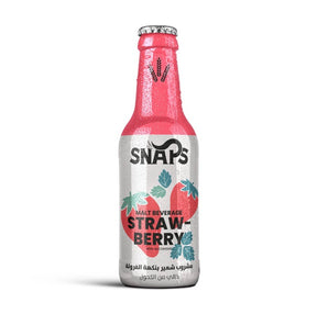 Snaps, Non-Alcoholic Malt Drink, Strawberry Flavor, 250ml, Made in Egypt, glass bottle with red and silver label, available at Elsouk Canada
