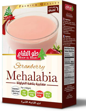Holw El Sham Strawberry and Milk Mahalabia treat in 70g cup, creamy strawberry-flavored milk pudding close-up.