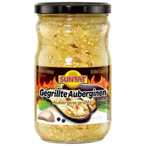 Suntat roasted eggplant in a 660g container, showcasing evenly grilled, golden-brown eggplant slices ready for culinary use.