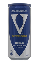 V7 V Super Cola 300ml caffeine-free cola soft drink can with vibrant label and branding, outdoors on a sunny day