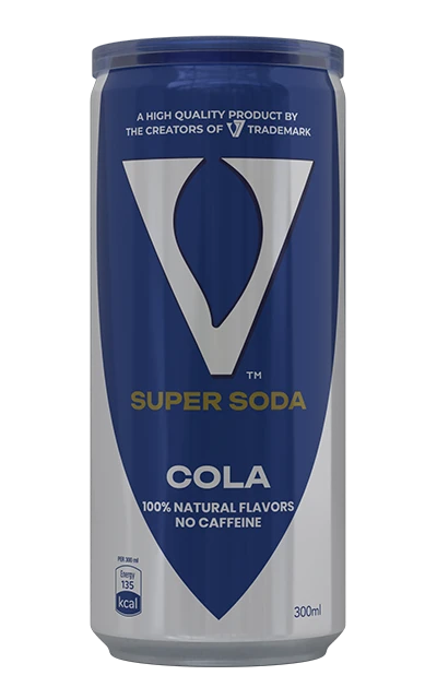 V7 V Super Cola 300ml caffeine-free cola soft drink can with vibrant label and branding, outdoors on a sunny day