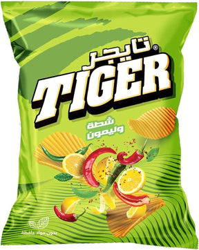 Tiger Chili & Lemon Chips in a colorful bag, featuring tiger branding and a vibrant image of chili peppers and lemon slices.