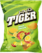 Tiger Chili & Lemon Chips in a colorful bag, featuring tiger branding and a vibrant image of chili peppers and lemon slices.
