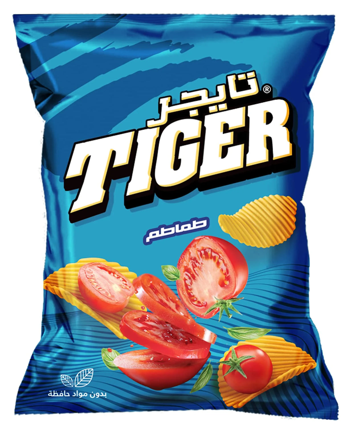 Tiger Tomato Chips by Tiger, crispy tomato-flavored snack in bright orange packaging with tiger logo.