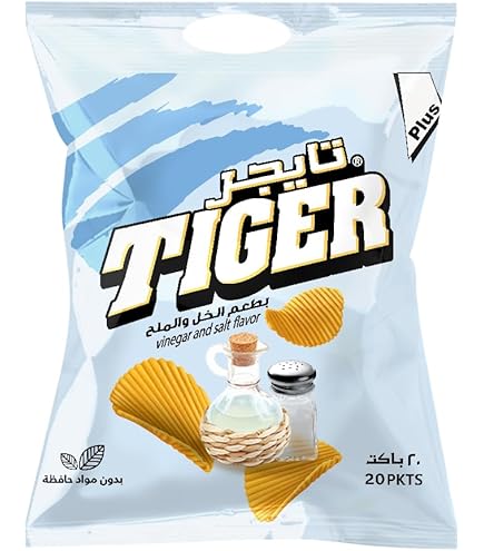 Tiger Chips Salt & Vinegar bag showing crispy potato chips with salt and vinegar seasoning in a colorful package