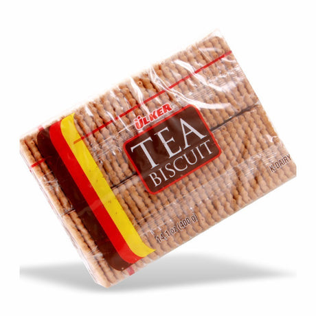 Ulker Tea Biscuits 400g package showing golden tea biscuits with ridged edges, stacked in a clear plastic bag.