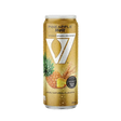 V7 Pineapple Malt Drink in a clear glass bottle with a colorful label, showcasing the tropical beverage inside.