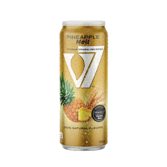V7 Pineapple Malt Drink in a clear glass bottle with a colorful label, showcasing the tropical beverage inside.