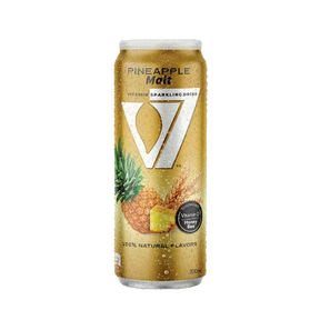 V7 Pineapple Malt Drink in a clear glass bottle with a colorful label, showcasing the tropical beverage inside.