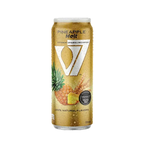 V7 Pineapple Malt Drink in a clear glass bottle with a colorful label, showcasing the tropical beverage inside.