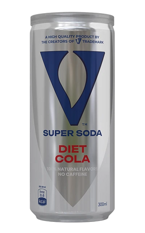V7 Diet Cola 330ml can with black and red branding, featuring the V7 logo and label design on a plain background.