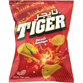 Spicy Tiger Chips Max Fire snack bag with fiery chili flavor, featuring bold tiger branding and vibrant packaging.
