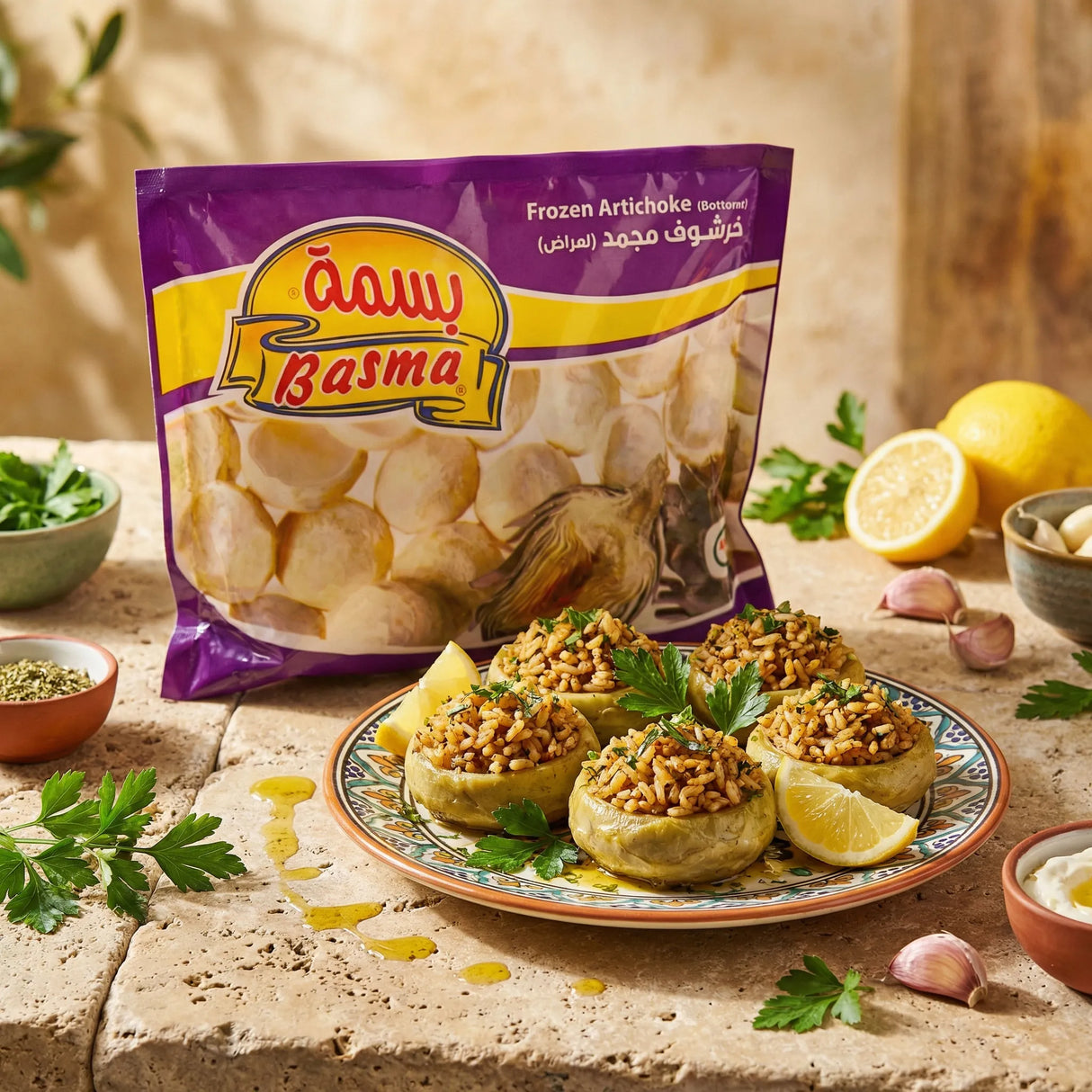 Frozen artichoke by Basma, showing fresh, frozen artichoke hearts in a clear container with green leaves and ice crystals.