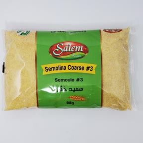 Coarse Salem Semolina #3 in a clear container, showing the yellow, grainy texture of this Italian wheat product.
