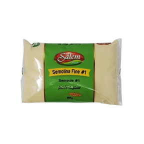 Fine Salem Semolina in a clear bag, showing its light yellow, coarse grain texture perfect for baking and cooking.