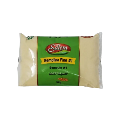 Fine Salem Semolina in a clear bag, showing its light yellow, coarse grain texture perfect for baking and cooking.