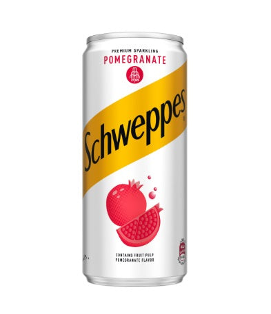 Cold Schweppes Pomegranate Malt Drink 300ml bottle with vibrant pomegranate imagery on the label.