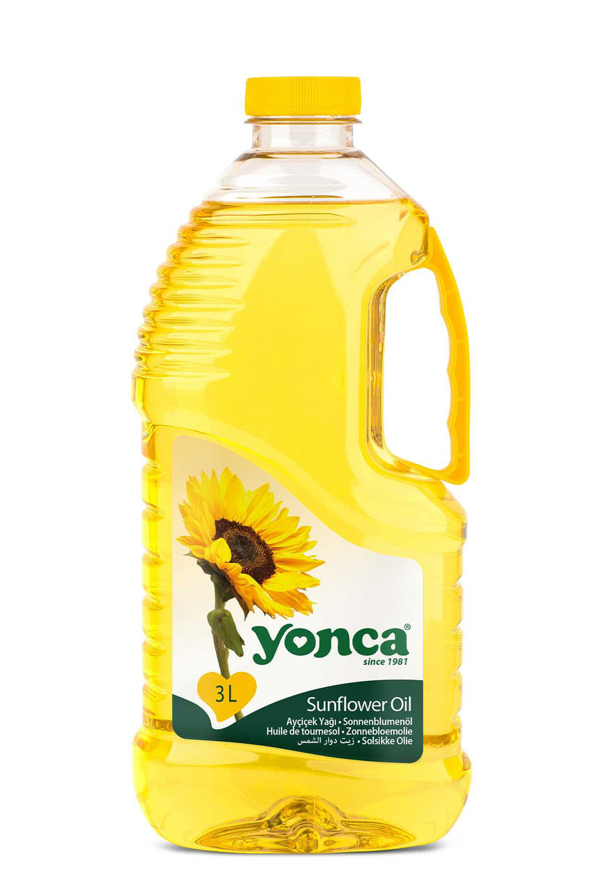Bottle of Yonca Sunflower Oil 3L, clear plastic container with yellow oil, label with sunflower image and product details.
