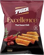 Thai Sweet Chili Chips by Tiger Excellence, crispy snack with vibrant chili and sweet seasoning, in a colorful bag.