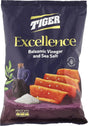 Tiger Excellence Balsamic Vinegar and Sea Salt Chips in a colorful bag with ridged texture and a close-up of chips on the front.