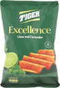 Bag of Tiger Excellence Lime & Coriander Chips showing the colorful packaging and crispy potato chips inside.