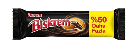 Ulker Biskrem Cocoa Cream Filling Biscuits in a large roll, showing the biscuits with creamy cocoa filling and chocolate coating.